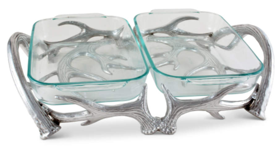 Antler (Pewter, Hollowware) Rectangular Double Casserole Holder w/Pyrex Liners by Arthur Court-1