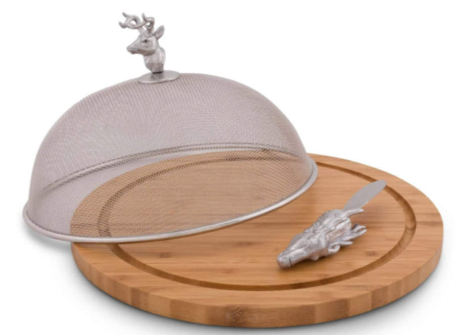 Antler (Pewter, Hollowware) Wood Cheese Board & Mesh Dome with Spreader by Arthur Court-1