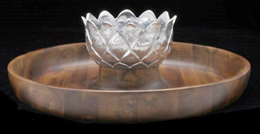 Organic Garden (Aluminum, Hollowware) Metal Bowl on Wood Tray Chip and Dip Set by Arthur Court-1