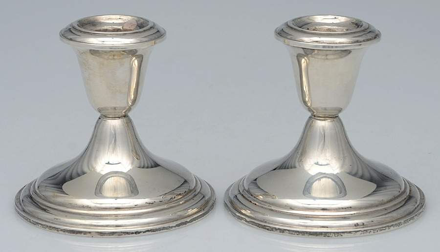 S159 (Sterling, Hollwware) Pair of 3" Weighted Candleholders by Alvin-1