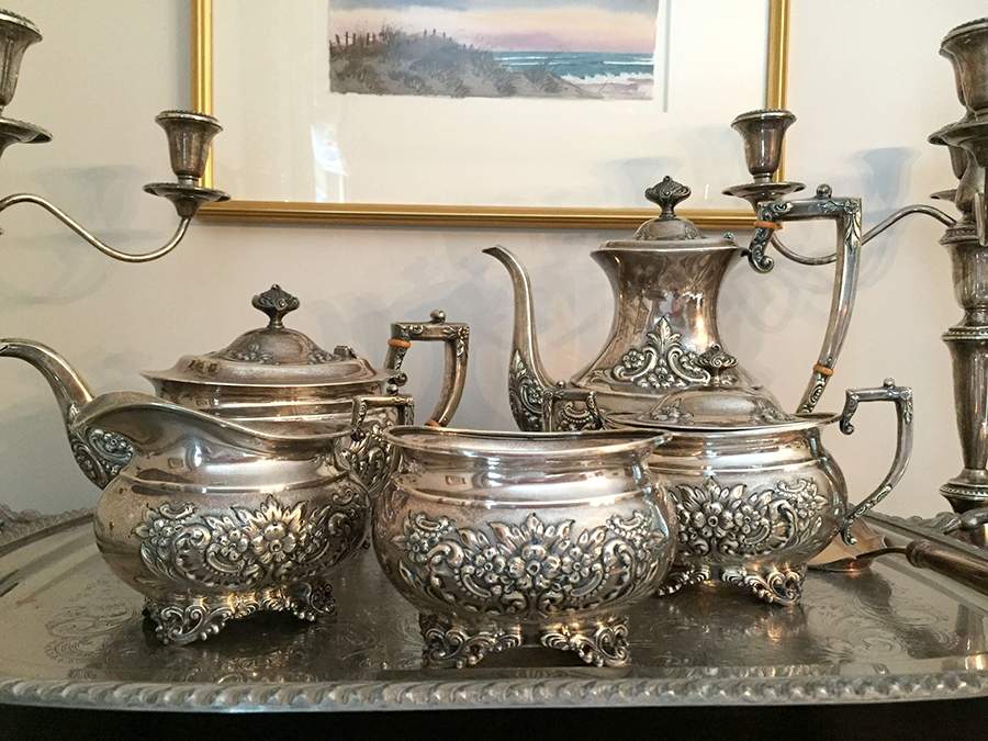 Donatello (Sterling, Hollowware, Hand Chased) 5 Piece Tea Set (SCP, STP, SCR, SSU, SWB) by Amston-1