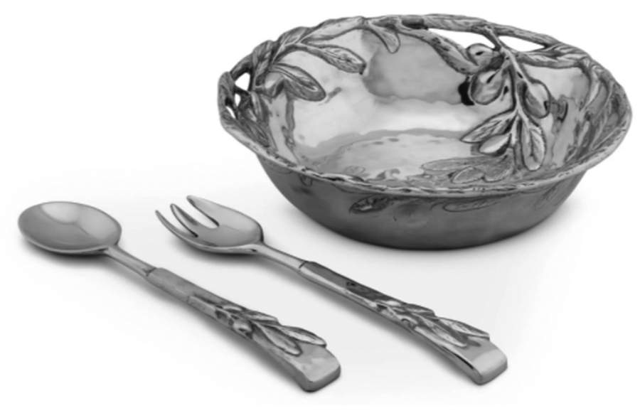 Olive Grove (Aluminum, Hollowware) 3 Pc Salad Set (Bowl w/Serving Fork & Spoon) by Arthur Court-1