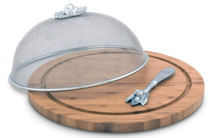 Olive Grove (Aluminum, Hollowware) Wood Cheese Board & Mesh Dome with Spreader by Arthur Court-1