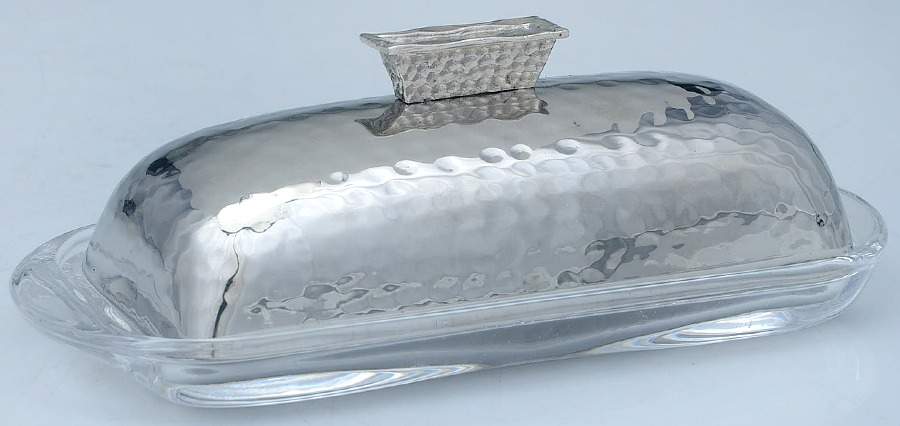 Hammertone (Nickelplate, Hollowware) Crystal Butter w/Nickleplate Lid & Spreader by Michael Aram-1