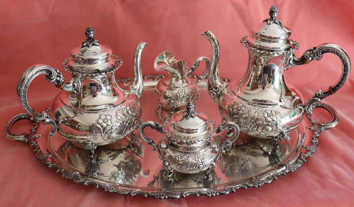 AHD4 9Sterling, Hollowware) 5 Piece Tea Set (SCP, STP, SCR, SSU, PWTL) by ALT-Heidelberg Silver-1