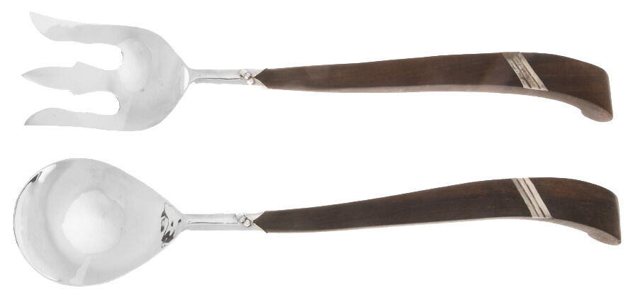A8E1 (Sterling) Wood Handle Sterling Bowl 2 Piece Salad Set by ACE (Mexico)-1