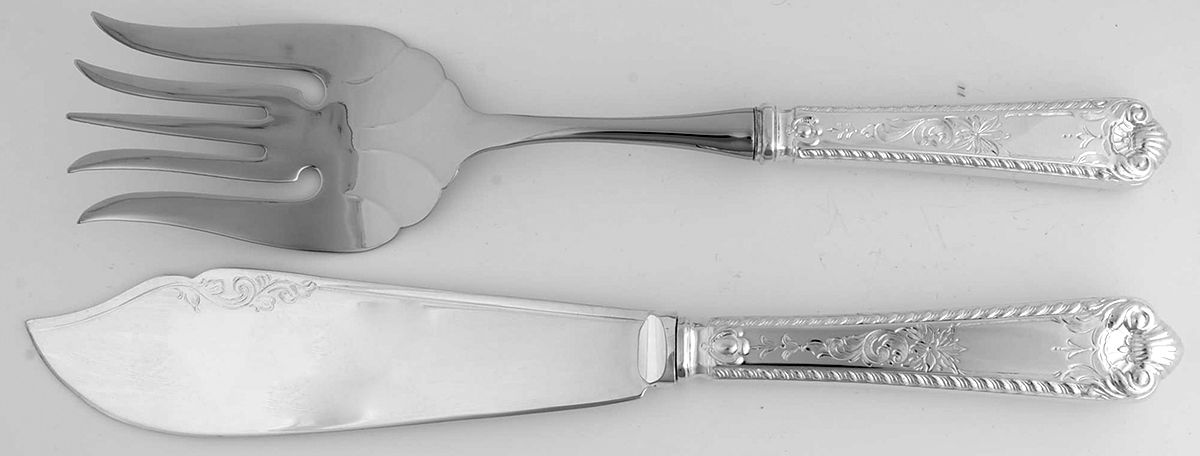 George II-Engraved (Sterling, 1998) Hollow Handle Fish Serving Set, Silverplate Blade by Birks Silver-1