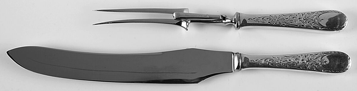 London Engraved (Sterling, 1914, No Monograms) Large 2-Piece Roast Carving Set w/Stainless Blade by Birks Silver-1