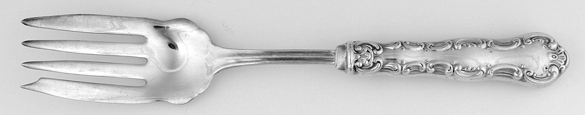 Pompadour (Sterling, 1914, No Monograms) Medium Cold Meat Serving Fork, Plated Tines by Birks Silver-1