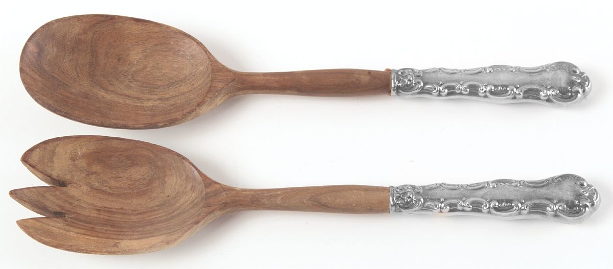 Pompadour (Sterling, 1914, No Monograms) Wooden Bowl 2-Piece Salad Set by Birks Silver-1