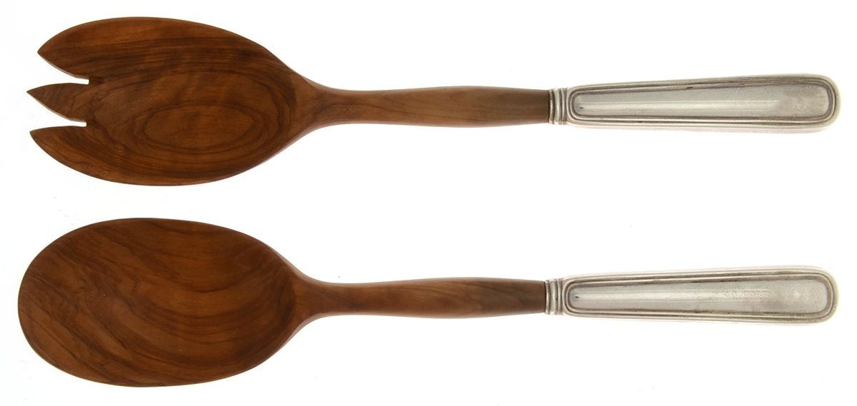 Saxon (Sterling, 1914, No Monograms) Wooden Bowl 2-Piece Salad Set by Birks Silver-1