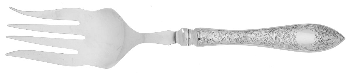 Tudor Scroll (Sterling, 1914, No Monograms) Large Cold Meat Serving Fork, Plated Tines by Birks Silver-1