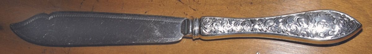 Tudor Scroll (Sterling, 1914, No Monograms) Ind Bright Cut Hollow Hdl Fish Knife W/Plate Blade by Birks Silver-1
