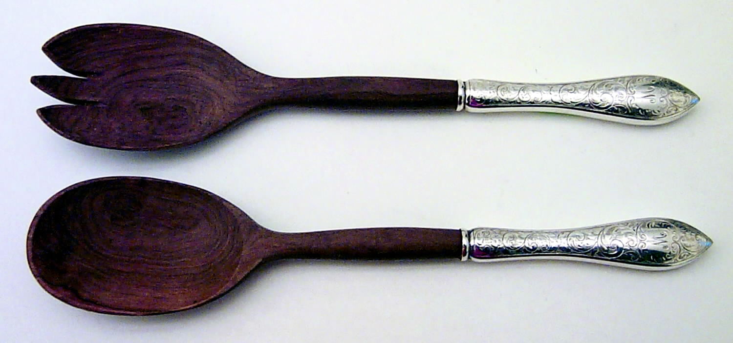 Tudor Scroll (Sterling, 1914, No Monograms) Wooden Bowl 2-Piece Salad Set by Birks Silver-1
