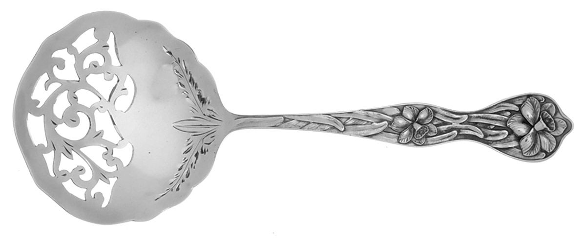 Daffodil (Sterling, 1900) Small Bright Cut Pierced Nut Spoon by Baker Manchester-1