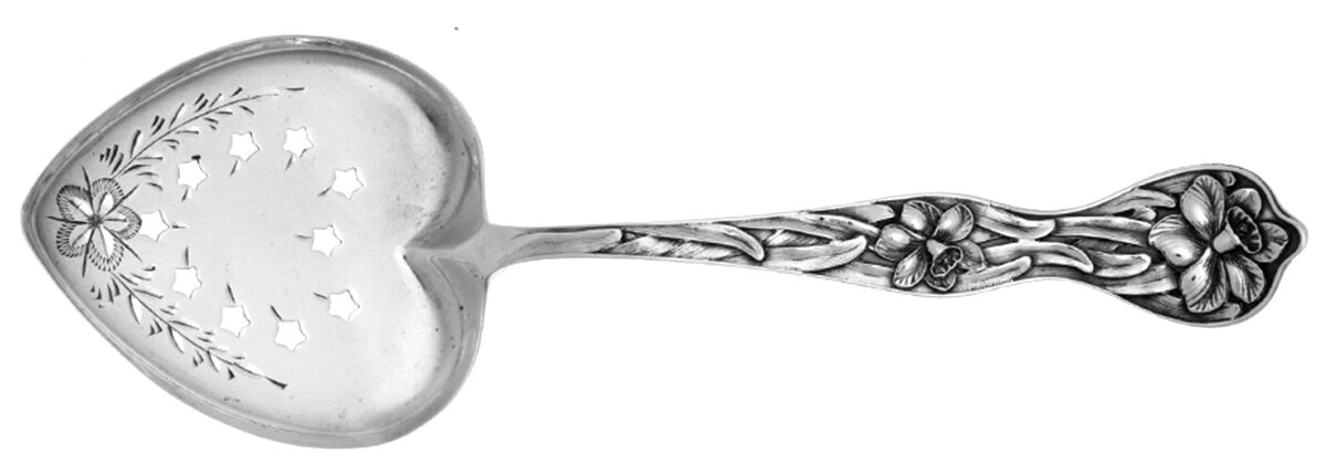 Daffodil (Sterling, 1900) Small Bright Cut Pierced Nut Spoon by Baker Manchester-1