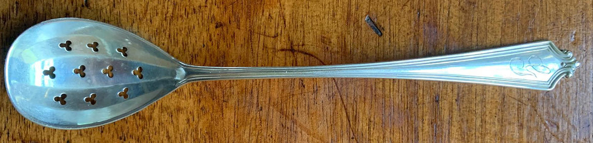 Van Buren (Sterling, 1916) Pierced Bowl Short Handle Olive Spoon by Baker Manchester-1