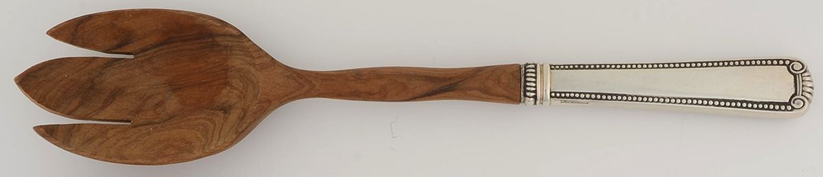 Scroll & Bead (Sterling, 1940, No Monograms) Salad Serving Fork with Wooden Prongs by R. Blackinton & Co-1