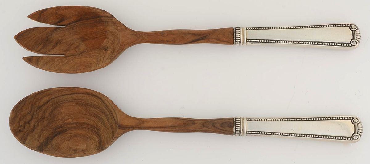Scroll & Bead (Sterling, 1940, No Monograms) Wooden Bowl 2-Piece Salad Set by R. Blackinton & Co-1