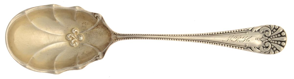 BMS14 (Sterling) Monogram Sugar Shell Spoon by Baker Manchester-1