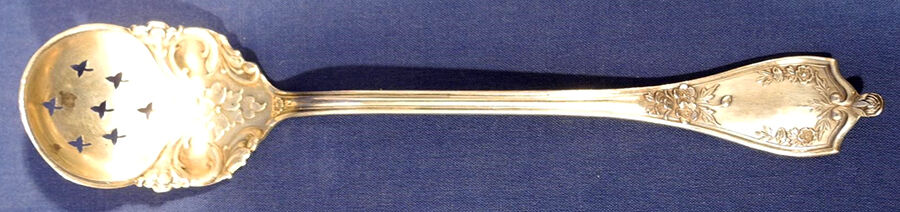 BMS17 (STERLING) Pierced Bowl Short Handle Olive Spoon by Baker Manchester-1