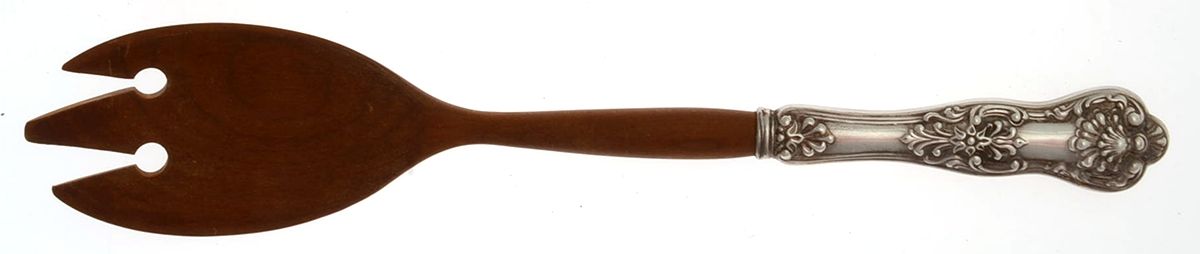 Queens (Sterling) Salad Serving Fork Wooden Prongs by Birks Silver-1