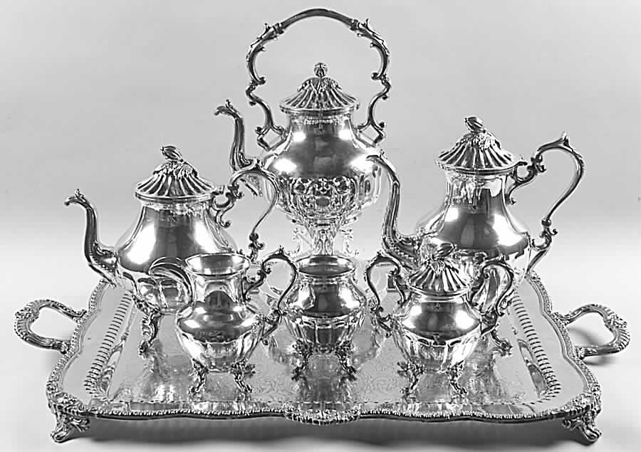 BIM7 (Silverplate, Hollowware) 7-Piece Plated Tea Set (w/ Waste, Kttle & Try) by Birmingham Silver Co-1