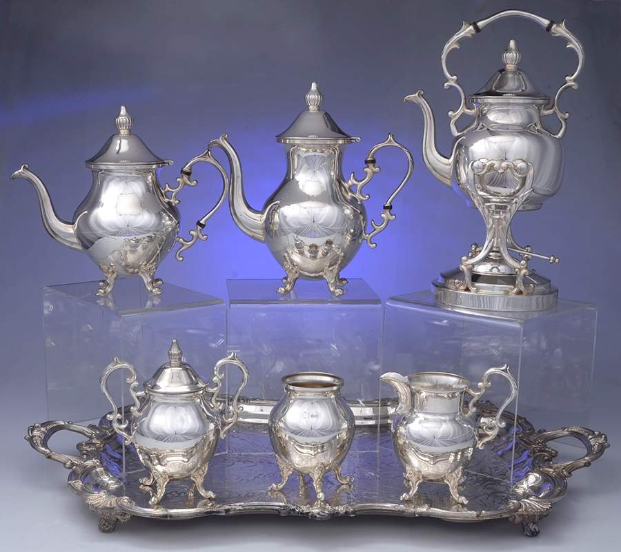 BIM9 (Silverplate, Hollowware) 7-Piece Plated Tea Set (w/ Waste, Kttle & Try) by Birmingham Silver Co-1