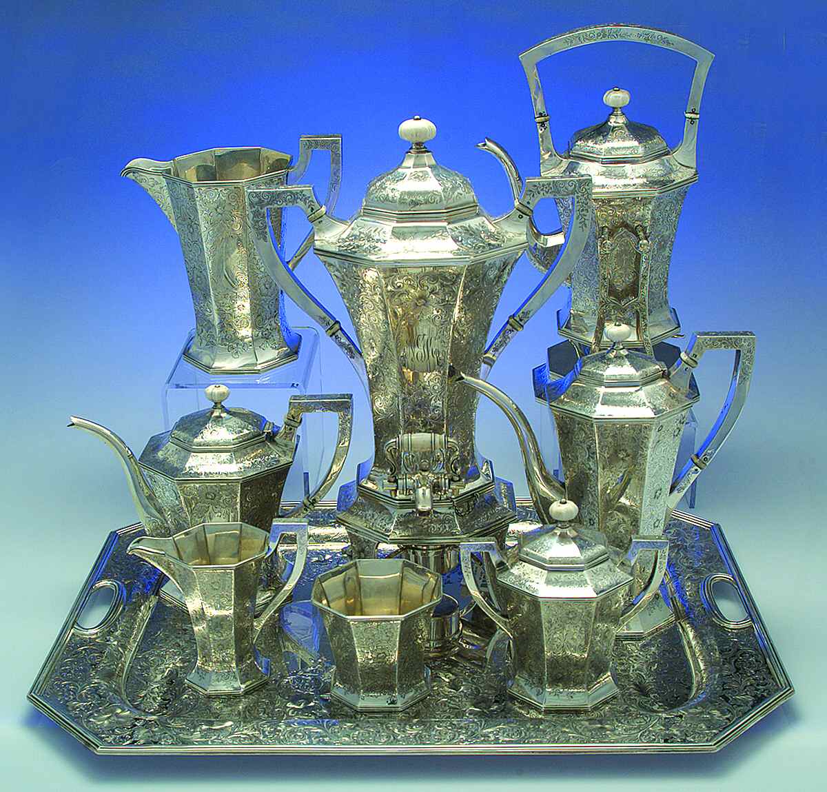 1285 (Sterling, Hollowware) 9 Piece Tea Set (SCP, STP, SCR, SSU, SWB, SPIT, SKES, WTL, URN) by Bixby-1