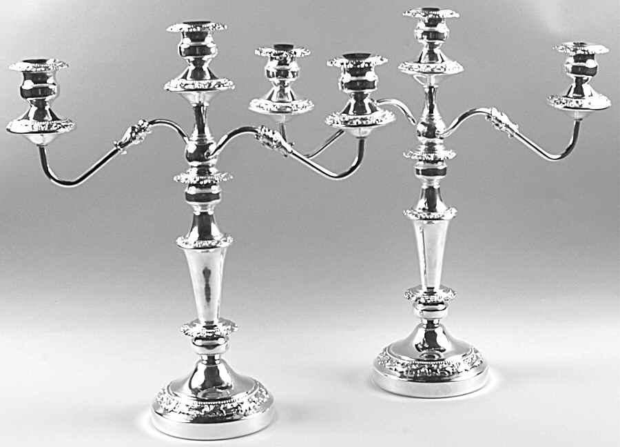 BIM13 (Silverplate, Hollowware) Pair of Large 3-Light Candelabra by Birmingham Silver Co-1
