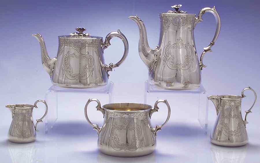 703 (Sterling, 1852, Hollowware) 5 Piece Tea Set (SCP, STP, SCR, SSUB, PITHM) by Edward, John & Wm Barnard-1