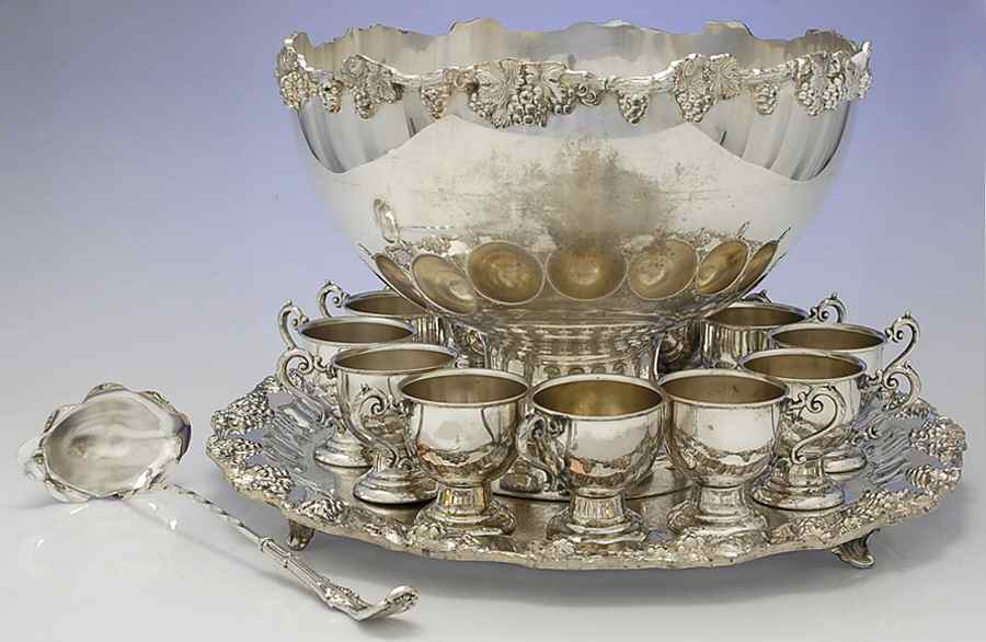 Silverplate Hollowware Punch Set (Bowl,Tray,Ladle & 12 Cups) by Birmingham Silver Co-1