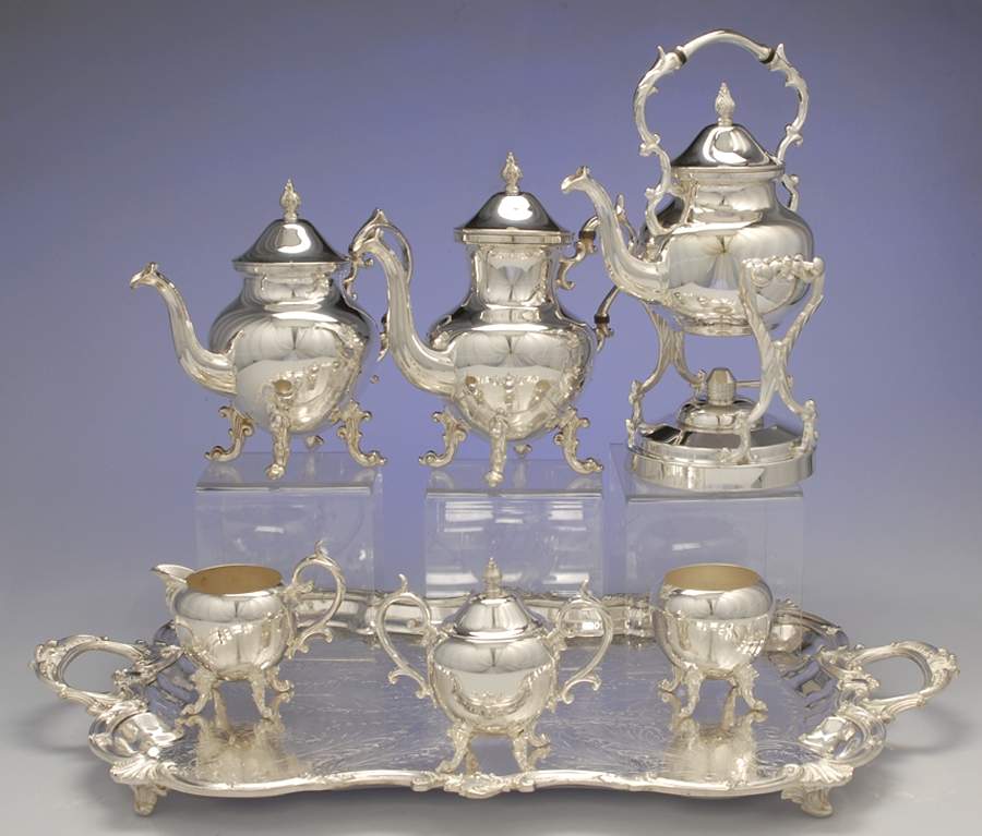 BIM14 (Silverplate, Hollowware) 7-Piece Plated Tea Set (w/ Waste, Kttle & Try) by Birmingham Silver Co-1