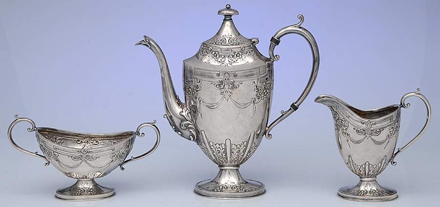 Silverplate Hollowware 3 Pc Demitasse Set, Coffee Pot, Creamer&Open Sugar by Barbour Silver (USA)-1