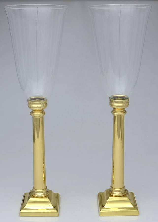 Brass Candlesticks Pair of Hurricane Lamps & Globes by Baldwin Brass-1