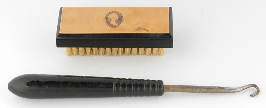 Stainless Hollowware Nail Brush & Small Solid Button Hook Set by Bakelite-1