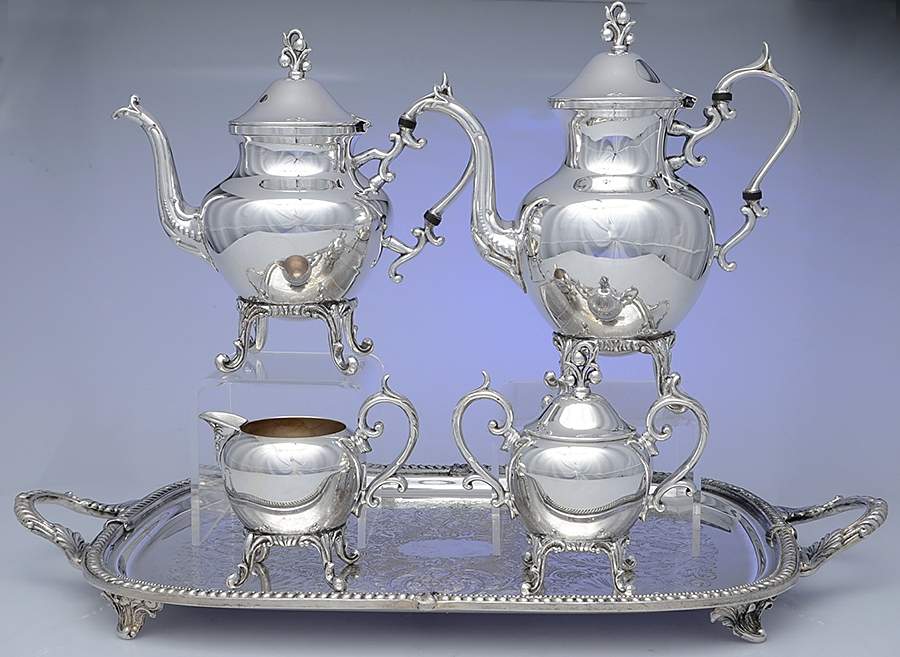 BIM19 (Silverplate, Hollowware) 5-Piece Silverplate Tea Set (with Tray) by Birmingham Silver Co-1