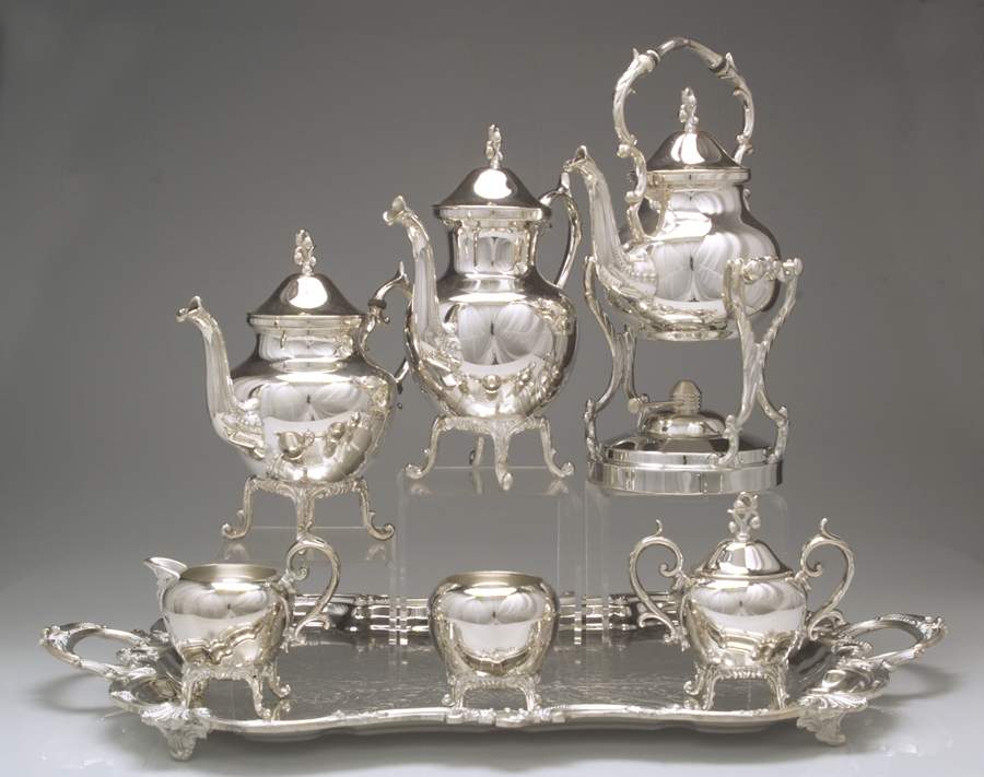 BIM19 (Silverplate, Hollowware) 7-Piece Plated Tea Set (w/ Waste, Kttle & Try) by Birmingham Silver Co-1