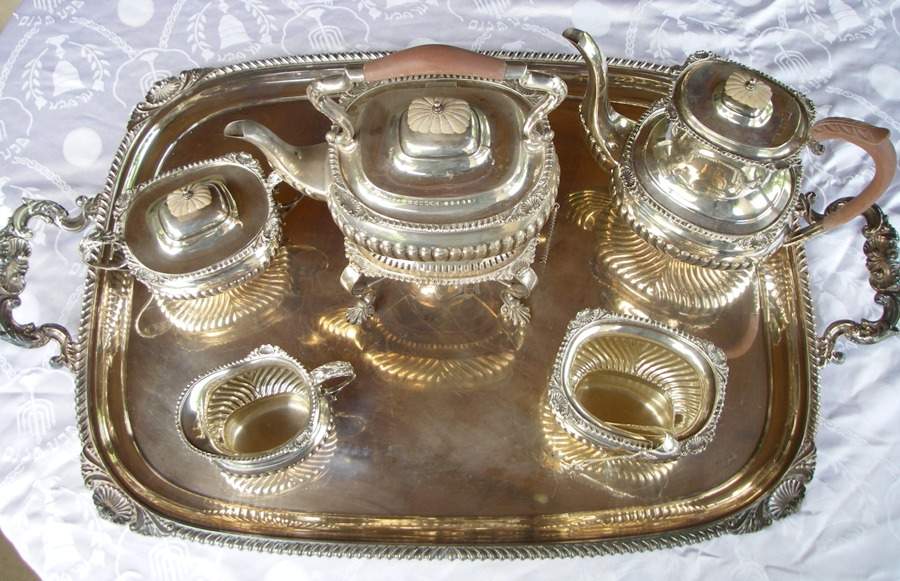 BBS14 (Sterling, Hollowware) 7 Piece Tea Set (SCP, STP, SCR, SSU, SWB, SKES & WTL) by Barker Bros Ltd. Flatware-1
