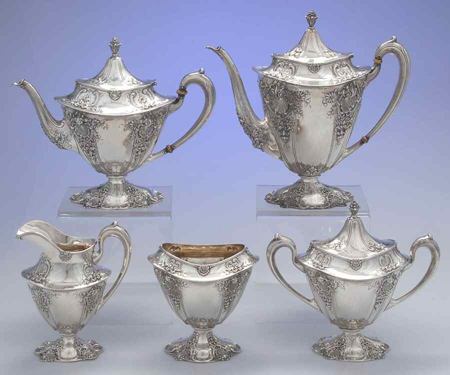 5242 (Sterling, Hollowware) 5 Piece Tea Set (SCP, STP, SCR, SSU, SWB) by Black Starr & Frost-1