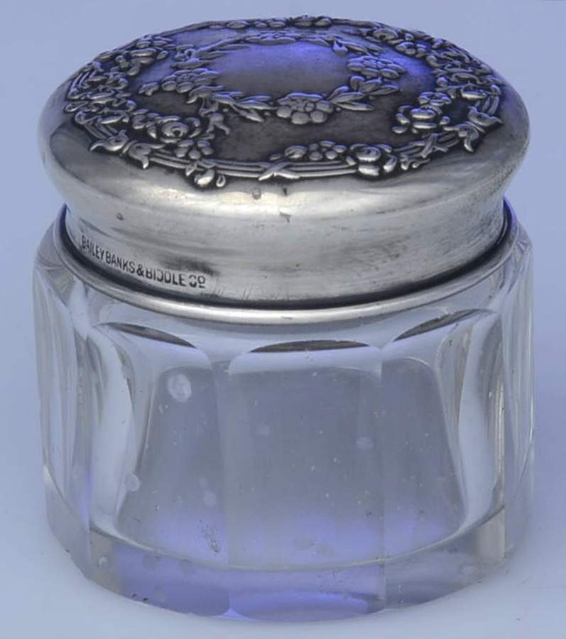 70 (Sterling, Hollowware) Crystal Bowl Metal Top Hair Receiver Jar by Bailey, Banks & Biddle-1