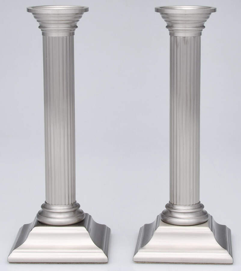 Platinum Mist "Finish" (Nickel, Hollowware) Pair of 8" Smithsonian Candlesticks by Baldwin Brass-1