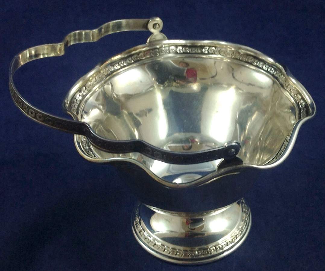 0146 (Sterling, Hollowware) Sterling Sugar Basket with Handle by Baker Manchester-1