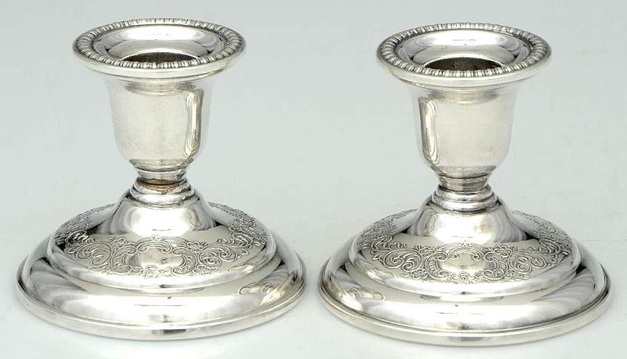 Queen Mary (Silverplate, Hollowware) Pair of 3" Console Candleholders by Birks Silver-1