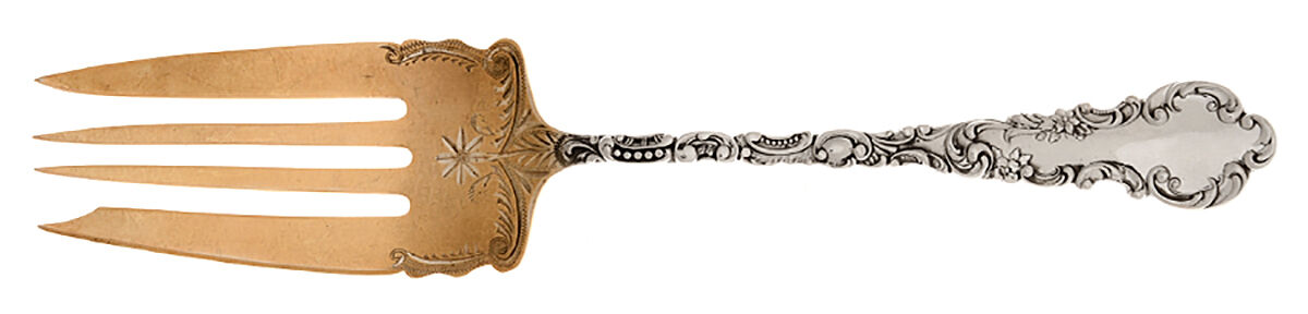 Geneva (Sterling, 1895) Small Cold Meat Serving Fork Bright Cut by Campbell Metcalf-1