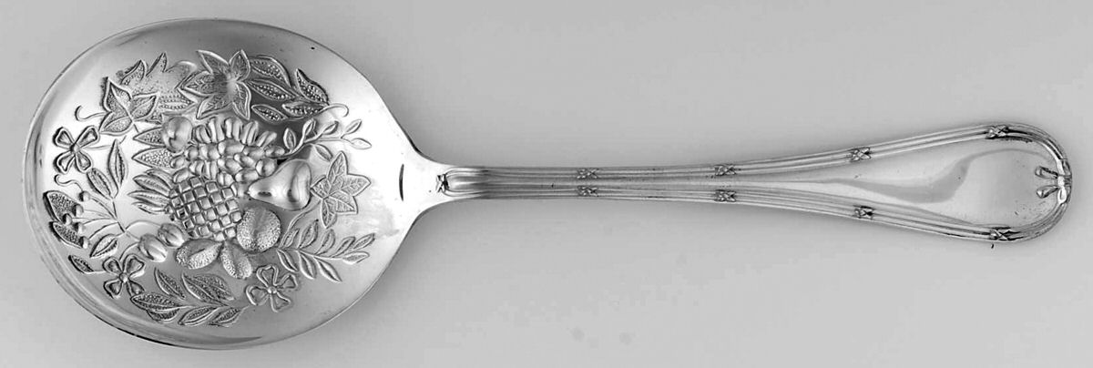 English Reed & Ribbon (Sterling) Solid Fruit Serving Spoon-Embossed Bowl by R. Carrs (England)-1