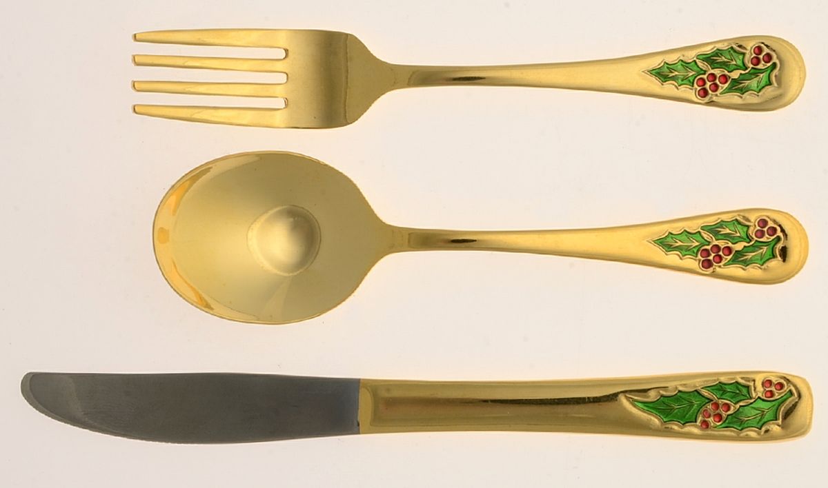 Hollyberry (Gold Electroplate) (3 Pc) Youth Set (Solid Knife, Fork & Spoon) by Classic Traditions-1