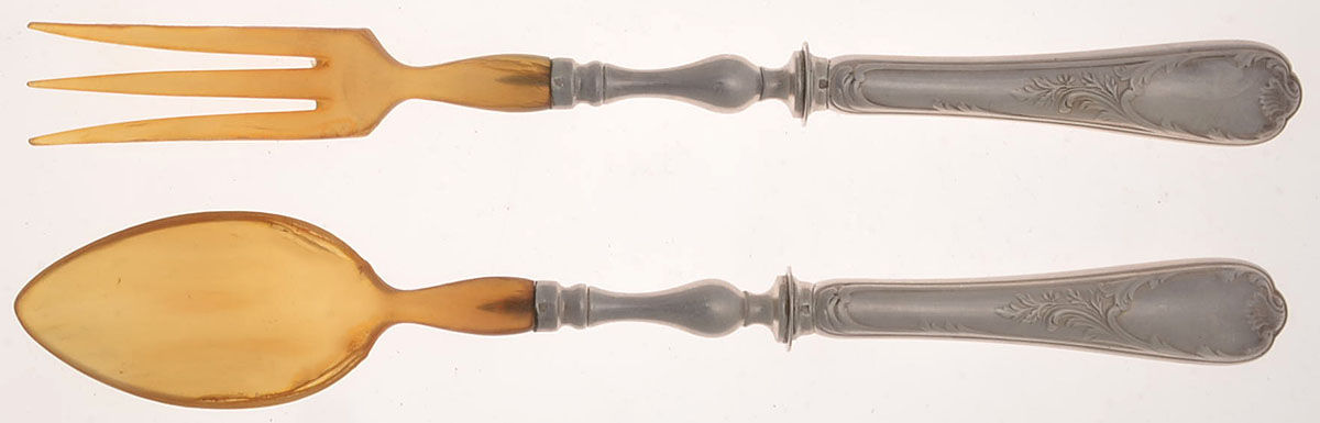 Marly (Silverplate, 1890, Glossy Handle) 2 Pc Horn Bowl Salad Set by Christofle France-1