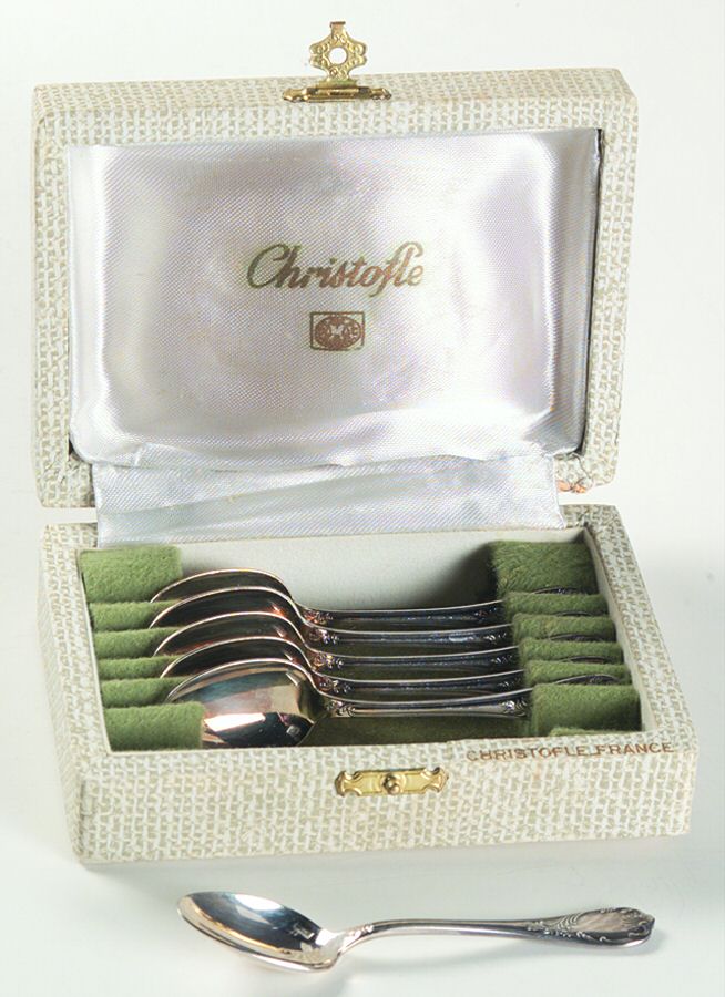 Marly (Silverplate, 1890, Glossy Handle) (Set of 6) Demitasse Spoon with Case by Christofle France-1