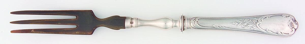 Marly (Silverplate, 1890, Glossy Handle) Salad Serving Fork with Horn Tines by Christofle France-1